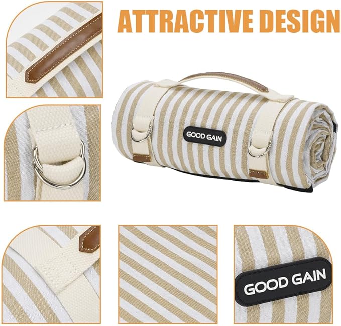 Picnic Blankets Waterproof Extra Large - Outdoor Blanket Sand Free Foldable with Carry Strap for Beach, Camping, Park Grass, Hiking, Travel, Concerts, Indoor (Sand Yellow)