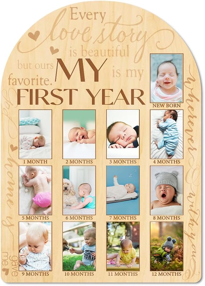 ORIGACH My First Year Baby Growth Photo Display Wood Board - 12 Months Newborn Milestones Photo Board - Neutral Baby Keepsake Board 1st Birthday Party Nursery Decor New Mom Gift - Sentiment Words