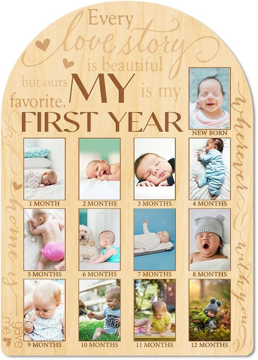 ORIGACH My First Year Baby Growth Photo Display Wood Board - 12 Months Newborn Milestones Photo Board - Neutral Baby Keepsake Board 1st Birthday Party Nursery Decor New Mom Gift - Sentiment Words