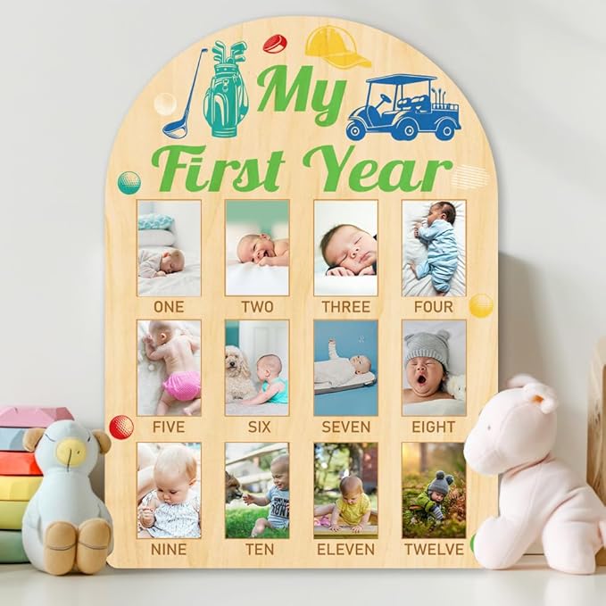 ORIGACH My First Year Baby Growth Photo Display Wood Board - 12 Months Newborn Milestones Photo Board - Neutral Baby Keepsake Frame 1st Birthday Party Nursery Decor New Mom Gift - Golf Element