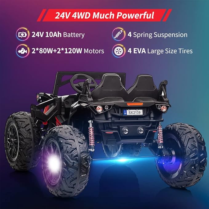 2 Seaters 24V Ride on UTV with Remote Control,10AH Battery, 400W Powerful Motors with 17" EVA Wheels, 20.5“ Seat Width Electric Ride Toy with Metal Suspension,LED Lights,Music,Horn (Black)