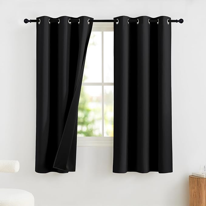 NICETOWN 100% Blackout Short Curtains 63 Inch Length for Bedroom, Privacy Thermal Insulated Grommet Window Drapes for Living Room, 2 Panels, Black, 42 x 63 Inch