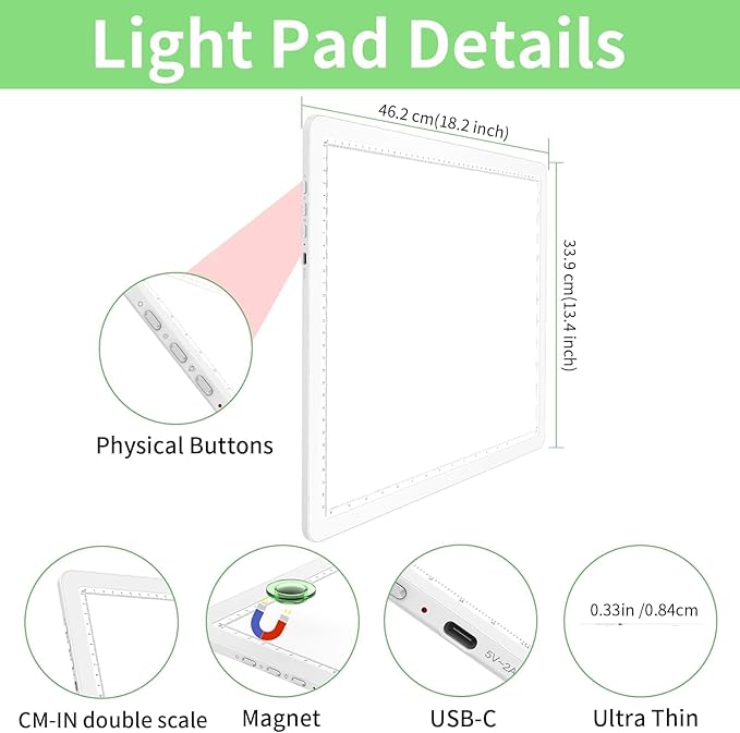 KOBAIBAN A3 Magnetic Light Box for Tracing, Rechargeable Diamond Art Light Board with Side Physical Buttons, 3 Color Light Modes Super Bright Light Pad for Diamond Painting, Weeding Vinyl (White)
