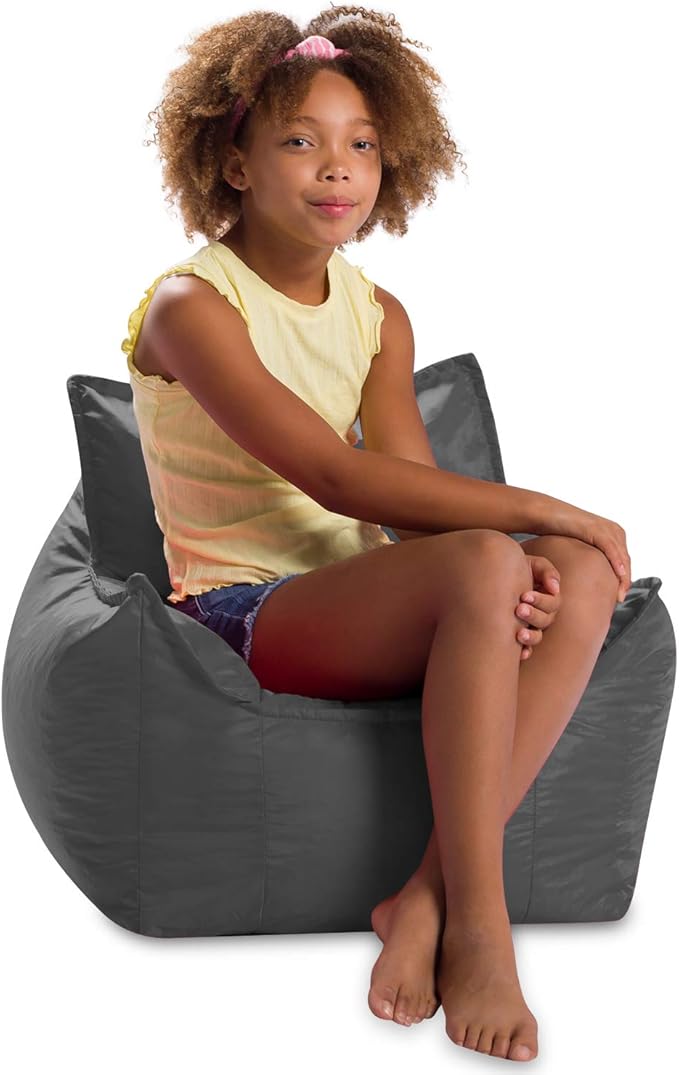 Posh Creations Bean Bag Chair Structured Comfy Seat for Gaming, Reading and Watching TV, for Children, Newport Chair, Nylon - Charcoal Gray
