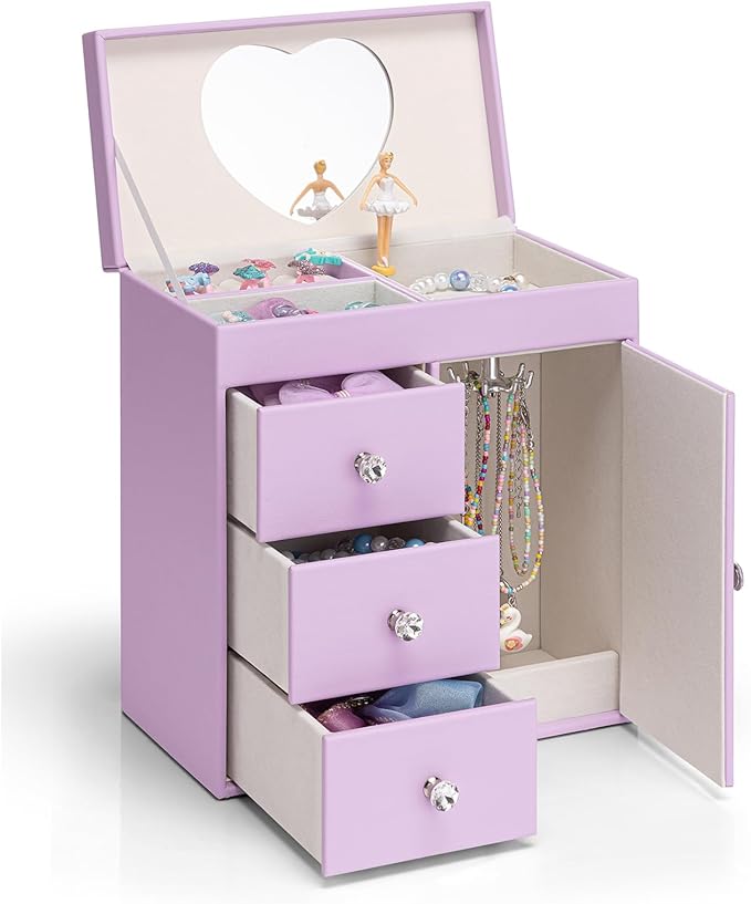 Vlando Musical Jewelry Box with Spinning Ballerina, Girls’ Jewelry Organizer for Necklaces Rings and Hair Accessories, Gift for Girls and Kids, Purple