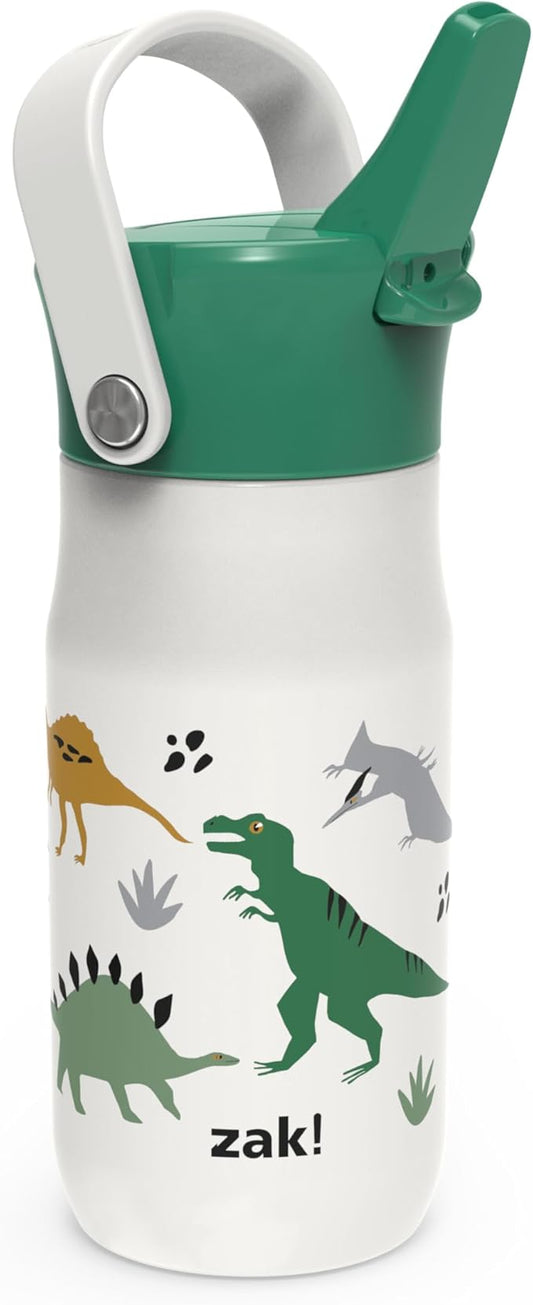 Zak Designs Harmony Kid Water Bottle for Travel or At Home, 14oz Stainless Steel is Leak-Proof and Vacuum Insulated (Dinosaur)