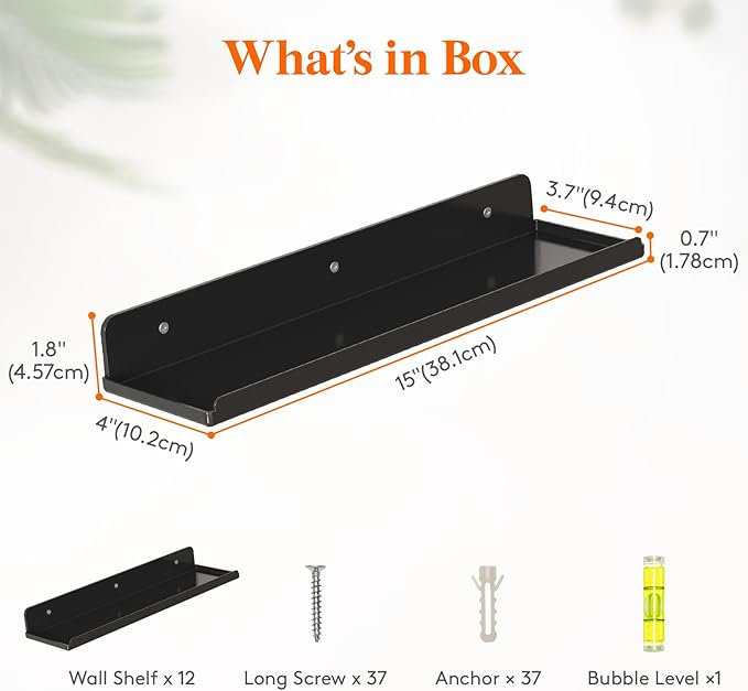 Lifewit Floating Shelves for Wall, 12 Pack Black Acrylic Shelf 15" Room Decor for Bookcase/Vinyl Record Display/Photo/Picture in Bedroom, Living Room, Bathroom, Kitchen Storage and Organization