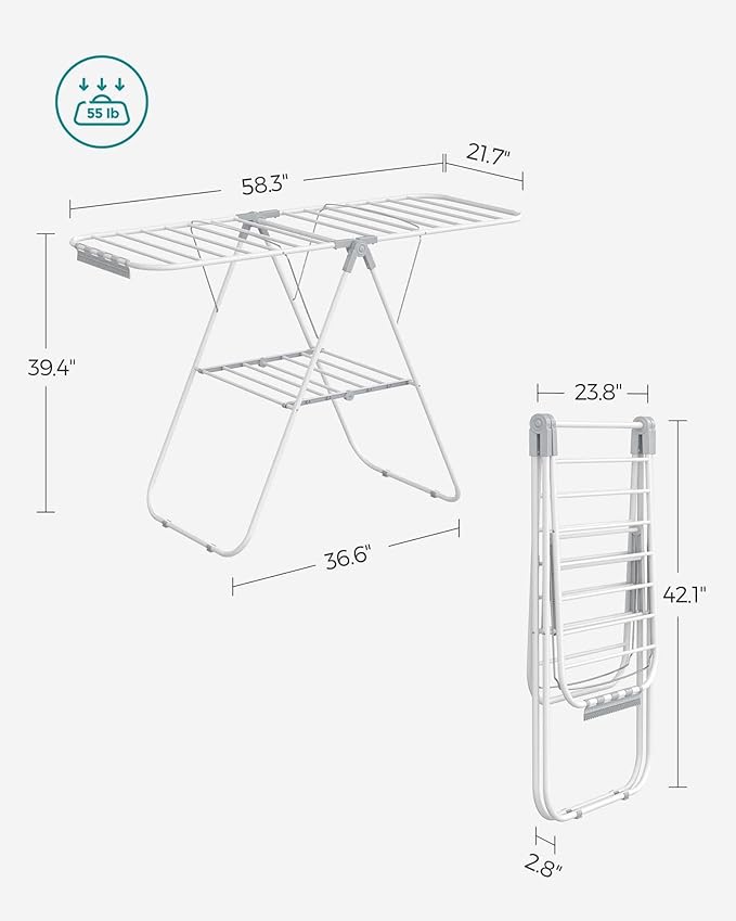SONGMICS Clothes Drying Rack, with Sock Clips, Metal Laundry Rack, Foldable, Space-Saving, Free-Standing Airer, with 2 Height-Adjustable Gullwings, Indoor Outdoor Use, White and Gray ULLR052W02