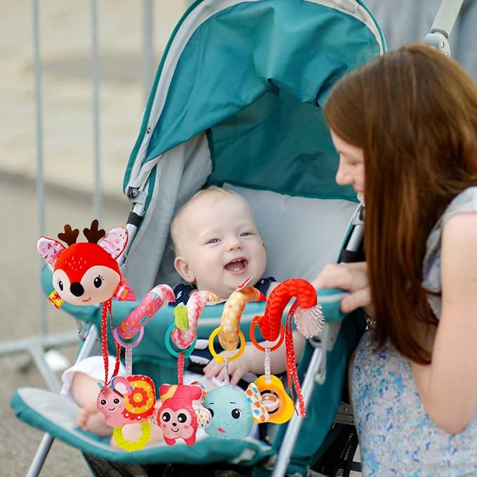 Stroller Toys, Car Seat Toys for Babies 0-6 Months Infants Activity Spiral Hanging Crib Toy Gift for Baby Boys and Girls 0 3 6 12 Months Newborn Sensory Toy with Rattles Squeaker Music- Red