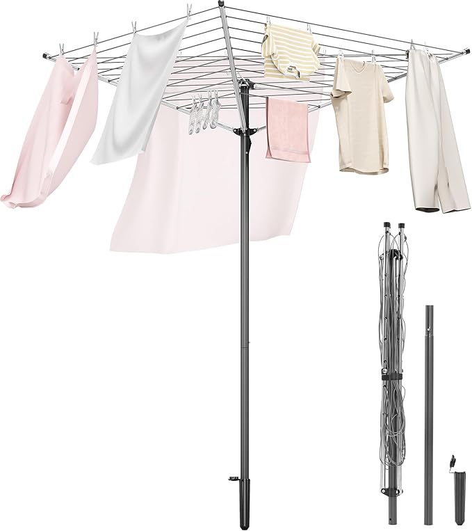 APEXCHASER Clothes Drying Rack, Outdoor Umbrella Drying Rack, Rotary Metal Drying Rack Clothing Foldable, 3-Arms Umbrella Clothesline with 98ft, Steel Frame, Backyard