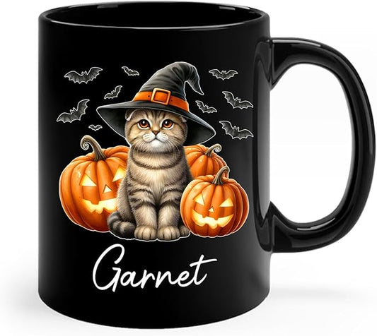 Personalized Name Scottish Fold Halloween Ceramic Mug, Custom Scottish Fold with Pumpkins Coffee Cup, Cat Wearing Witch Hat Cup Gift for Family Friend, Halloween Cat Pet Black Mug 11oz 15oz