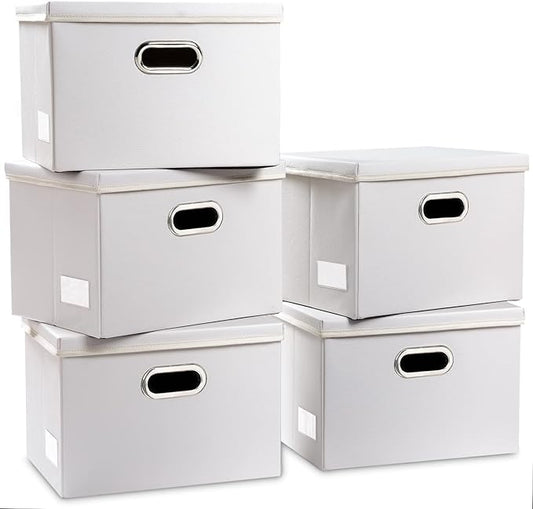 PRANDOM Foldable Storage Bins with Lids [5-Pack] Leather Fabric Collapsible Storage Boxes Organizer Containers Baskets Cube with Cover for Bedroom Closet Office Nursery White (14.9x10.8x10)