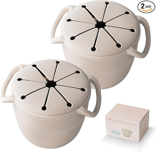 Snack Cups for Toddlers Spill Proof,Baby Snack Containers,Collapsible Food Grade Silicone Snack Cup,Dishwasher Safe and BPA Free,Set Of 2,13 Oz,Grey