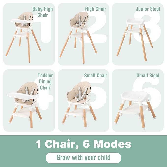 BABY JOY High Chair, 6 in 1 Convertible Wooden Highchair for Babies & Toddlers with Adjustable Legs, Double Removable Tray, Safety Harness & Waterproof PU Cushion (Beige)