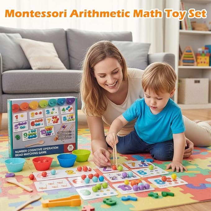 Montessori Arithmetic Math Toy Set, Toddler Wooden Montessori Toys for 2 3 4 5 6 Years Old, Number Cognitive Clip Bead Matching Game, Boy Girl Birthday Gift