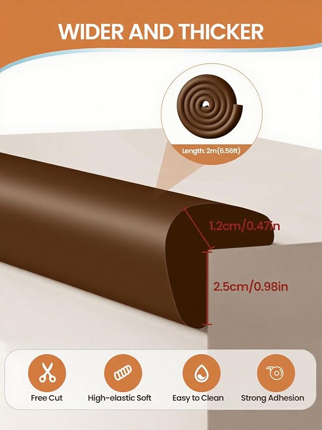 Baby Proof Edge Corner Protector, 6.56FT 0.47''Th L-Shape Furniture Corner & Edge Safety Bumpers with 6 Corners, Pre-Taped, Soft NBR Rubber Foam Desk Edge Cushion Wall Corner Protector（Coffee）