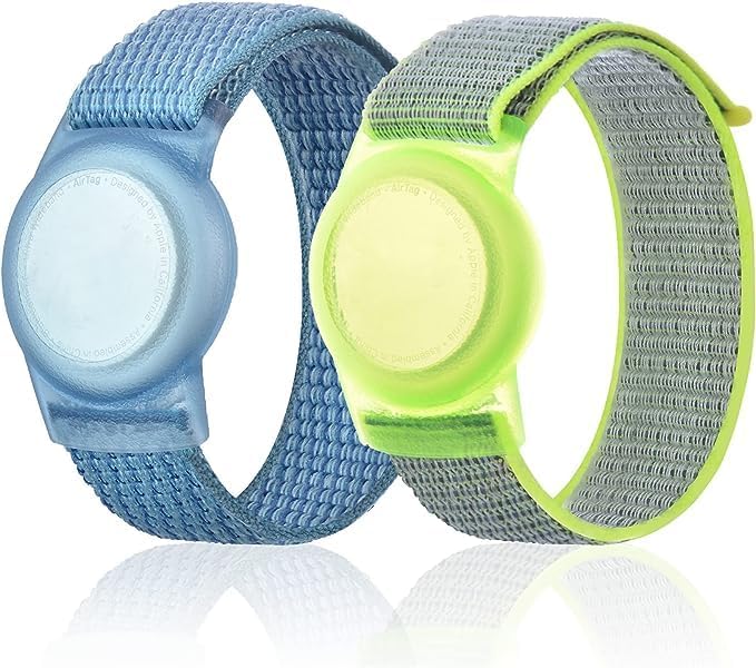 Kids Wristband Compatible with Apple AirTag, Protective Case for Air Tag GPS Tracker Holder with Nylon Bracelet, Adjustable Anti Lost Watch Band for Toddler Child Elder(Blue&Green)