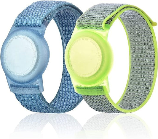 Kids Wristband Compatible with Apple AirTag, Protective Case for Air Tag GPS Tracker Holder with Nylon Bracelet, Adjustable Anti Lost Watch Band for Toddler Child Elder(Blue&Green)