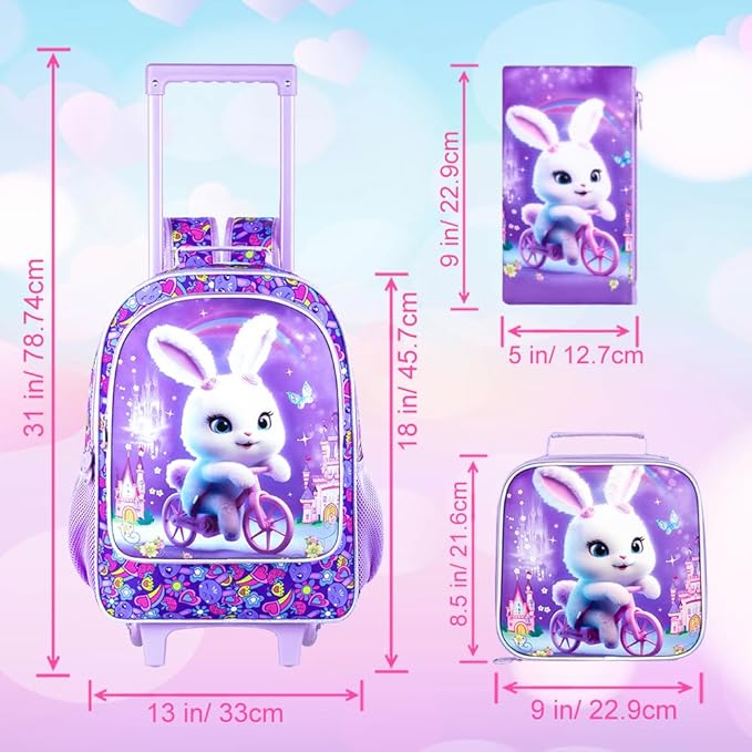 Rolling Backpack for Girls, Cute Rabbit Roller Wheels Kids Bookbag - Wheeled Elementary School Bag - 3PCS Rabbit