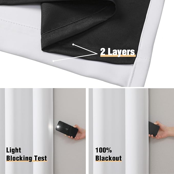 ChrisDowa White 100% Blackout Curtains for Bedroom with Black Liner, 2 Thick Layers Total Blackout Thermal Insulated Grommet Window Curtains 2 Panels Set (Pure White, 52 x 84 Inch)