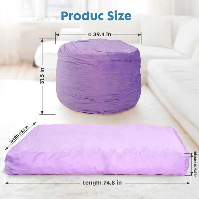 Bmag Giant Bean Bag Chair for Adults, 6FT Bean Bag Chair Convertible Bean Bag Pad, Large Chairs with Memory Foam Filler, Removable Washable Cover for Living Room Bedroom Office - Purple