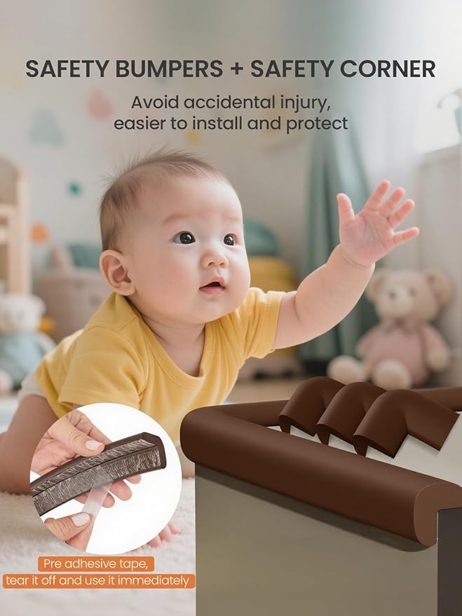 Baby Proof Edge Corner Protector, 16.4FT 0.47''Th L-Shape Furniture Corner & Edge Safety Bumpers with 10 Corners, Pre-Taped, Soft NBR Rubber Foam Desk Edge Cushion Wall Corner Protector (Coffee)