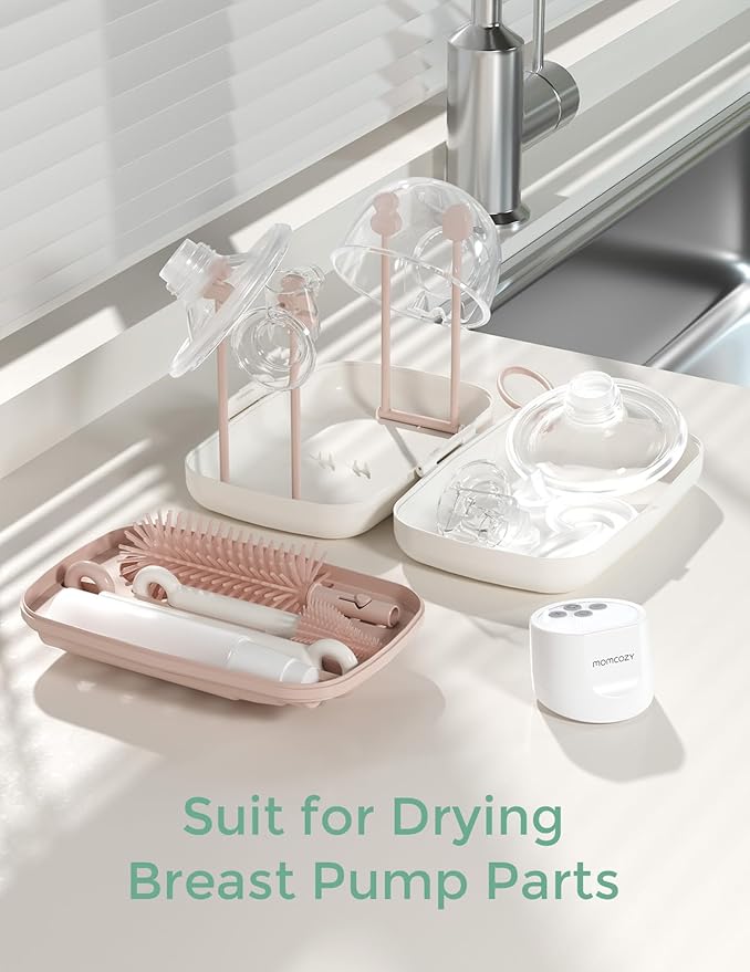 Momcozy Bottle Brush Set - Baby Bottle Cleaner Kit with Silicone Brush, Nipple Brush, Straw Brush, Soap Dispenser, Drying Rack - 7 in 1 Bottle Cleaning Tool for Home and Travel, Pink