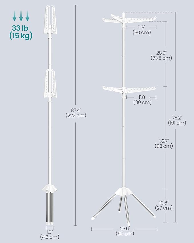SONGMICS 2-Tier Clothes Drying Rack, 75.2-Inch Folding Laundry Drying Rack with 6 Rotatable Arms for Hangers, Stainless Steel, for 54 Pieces of Clothes, White and Silver ULLR514W01