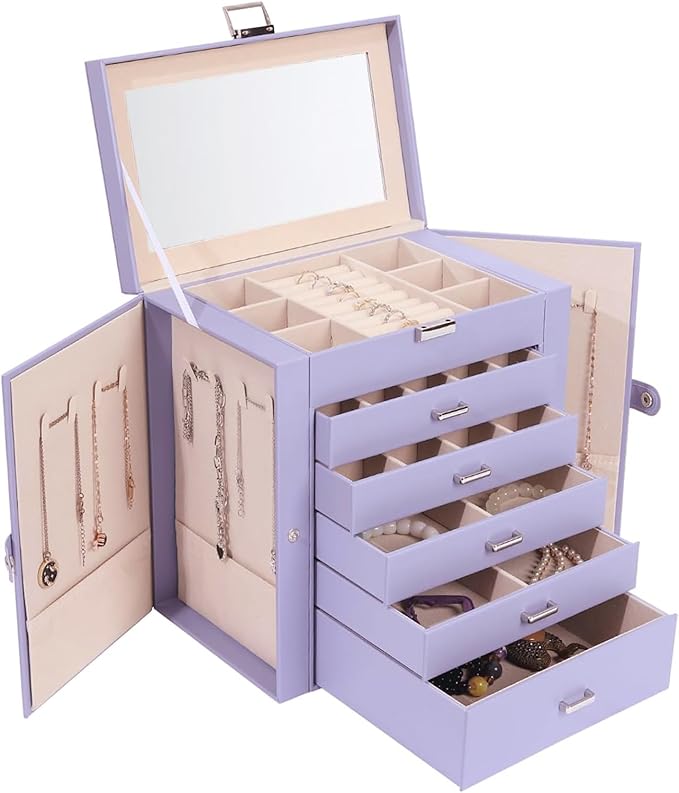 BOOVO Jewelry Box For women, 6 Layer Large Jewelry Organizer With Mirror, Multi-Function Storage Box With Lock, Accessory Holder With 5 Drawers, For Earrings Necklace Ring Bracelet (Purple)