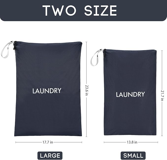 Travel Laundry Bag (2 Pcs - Large + Small) - Foldable Waterproof Washable Wet Dry Bag for Gym, Swimming, Yoga, and Workout Perfect for Dirty Clothes, Bathing Suits, Travel Accessories - Navy Blue