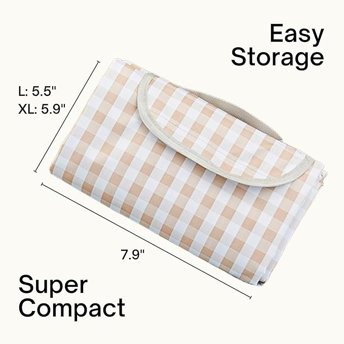 ESLA Cute Gingham Picnic Blanket, Waterproof Foldable, in Large 80x60in and Extra Large 80x80in, Portable Compact Beach Blanket, Oversized XL Outdoor Mat, Tan Gingham