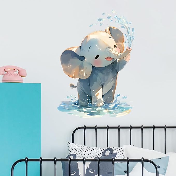 Cartoon Baby Elephant Wall Decals Removable Animal Vinyl Stickers for Nursery Bathroom and Kids Playroom Water Play Decor Peel and Stick Wall Art