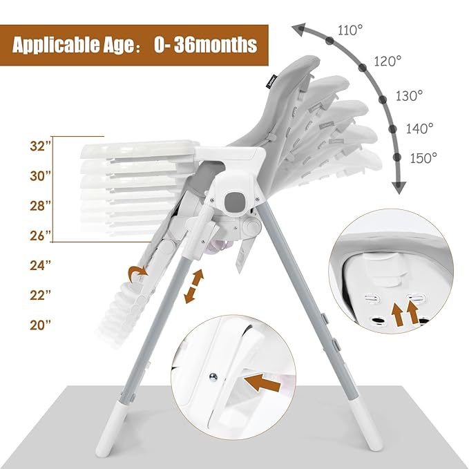 INFANS High Chair for Babies & Toddlers, Foldable Highchair with Multiple Adjustable Backrest Footrest Seat Height, Removable Tray, Detachable PU Leather Cushion Wheels (with Booster, Light Grey)