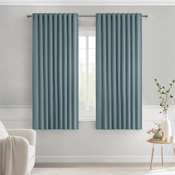 MIULEE Greyish Blue Back Tab Blackout Curtains 63 Inch Length 2 Panels Set for Living Room Bedroom Privacy, Rod Pocket/Pinch Pleat Thermal Insulated Room Darkening Pleated Light Blocking Drapes