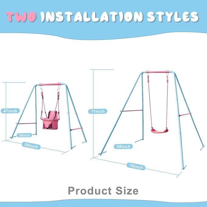 2-in-1 Toddler Swing Set with Metal Stand, Safety Belt & 4 Anchors - A-Frame Swing for Kids 6 Months+ (Pink, Indoor/Outdoor Backyard Playground)