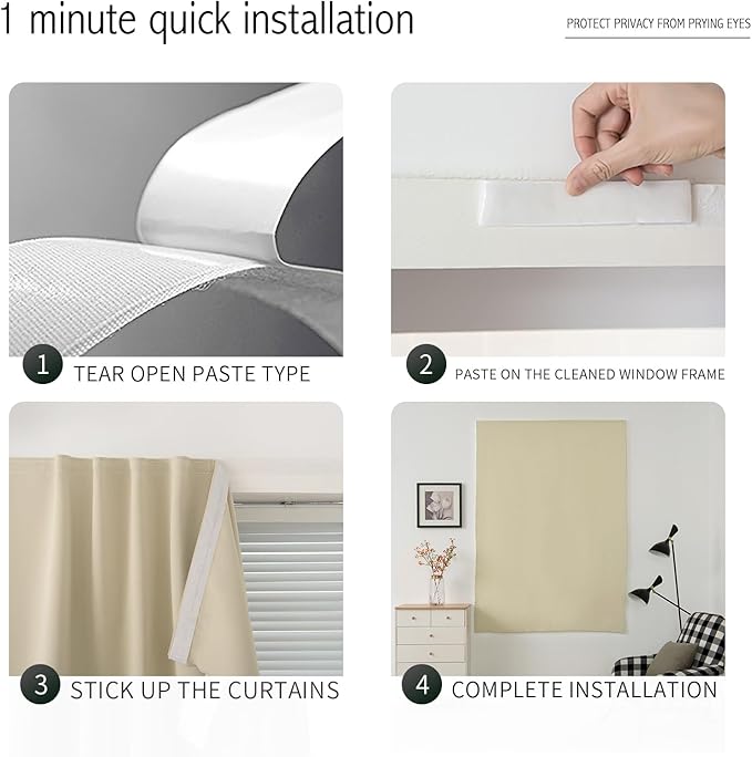 Self Adhesive Portable Blackout Curtains for Bedroom Easy to Install Window Thermal Lnsulated Kitchen Room Darkening Small Window Curtains, Cortinas Para Cuarto, 59"W X 71"L, Beige, 1 Panel