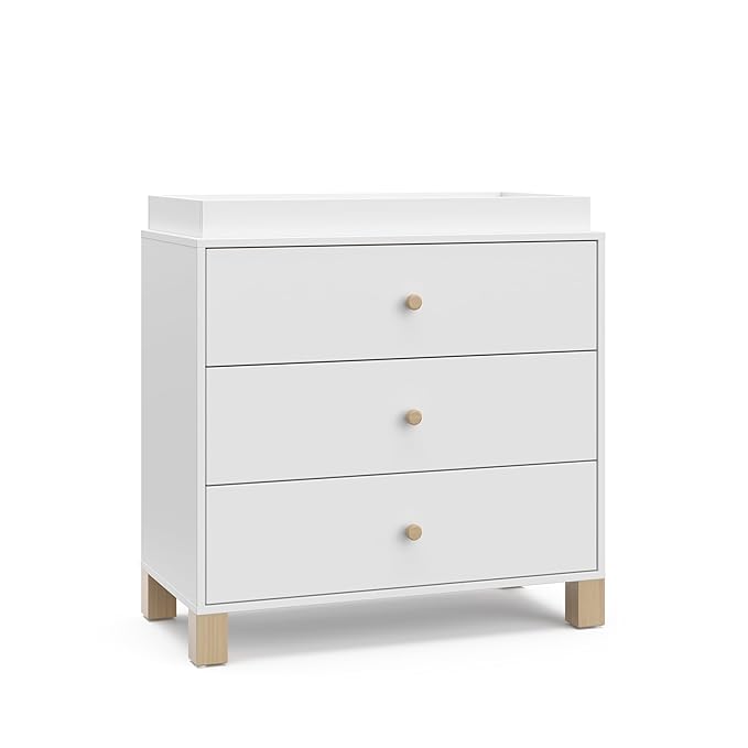 Storkcraft California 3-Drawer Chest with Removable Changing Topper (White with Driftwood) – GREENGUARD Gold Certified, Interlocking Drawer System, Pre-Installed Tracks, Easy Assembly