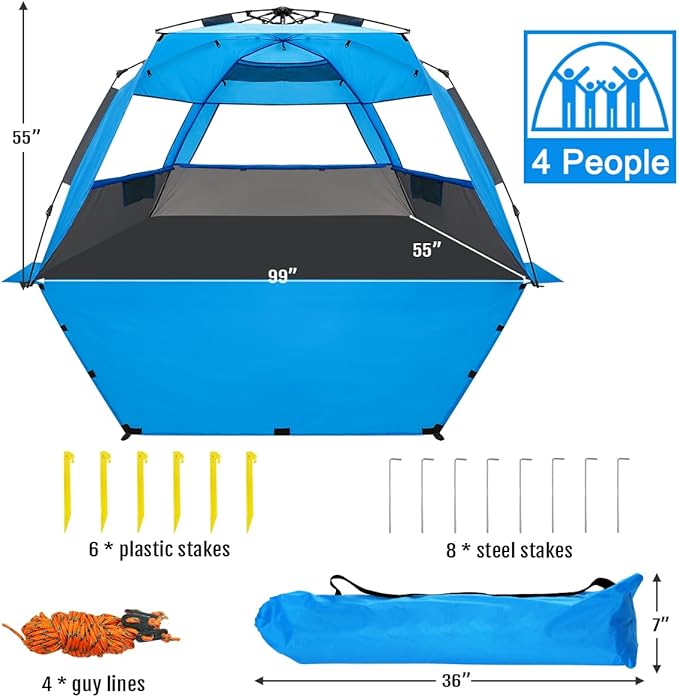 WhiteFang Deluxe Pop Up Beach Tent Sun Shade Shelter for 3-4/5-6 Person, UV Protection, Extendable Floor with 3 Ventilating Windows Plus Carrying Bag, Stakes, and Guy Lines