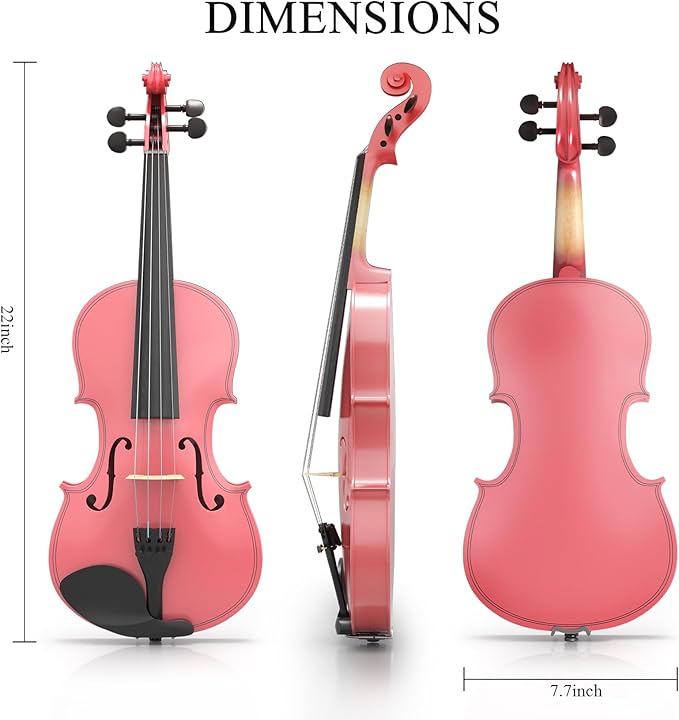 3/4 Violin Kit, Beginner Violin for Kids, Students, Complete Kids Violins Set with Case, Bow, Rosin, Ideal for Kids Violinss Beginner Ages 9-12, Rose Pink