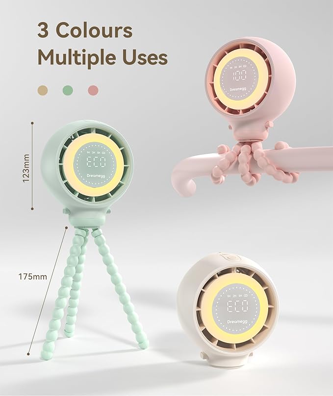 Dreamegg Portable Stroller Fan - 4000mAh Rechargeable Baby Stroller Fan With LED Display, Night Light, Hidden Blade, Detachable 4 Speed 360°Rotate, Handheld Cooling for Crib,Travel, Car Seat(Green)