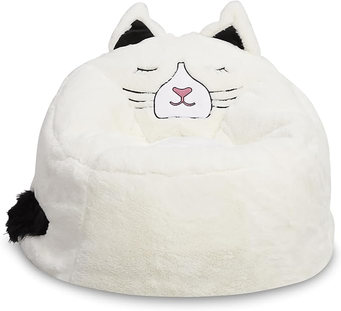 Posh Creations Cute Soft and Comfy Bean Bag Chair for Kids, Large, Animal - Ivory Cat