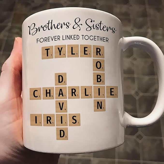 Family Forever Linked Together Custom Names Ceramic Mug, Crossword Puzzle Art, for Birthday, Anniversary or Special Occasions (Brothers & Sisters Forever Linked Together White Mug Ver 2)