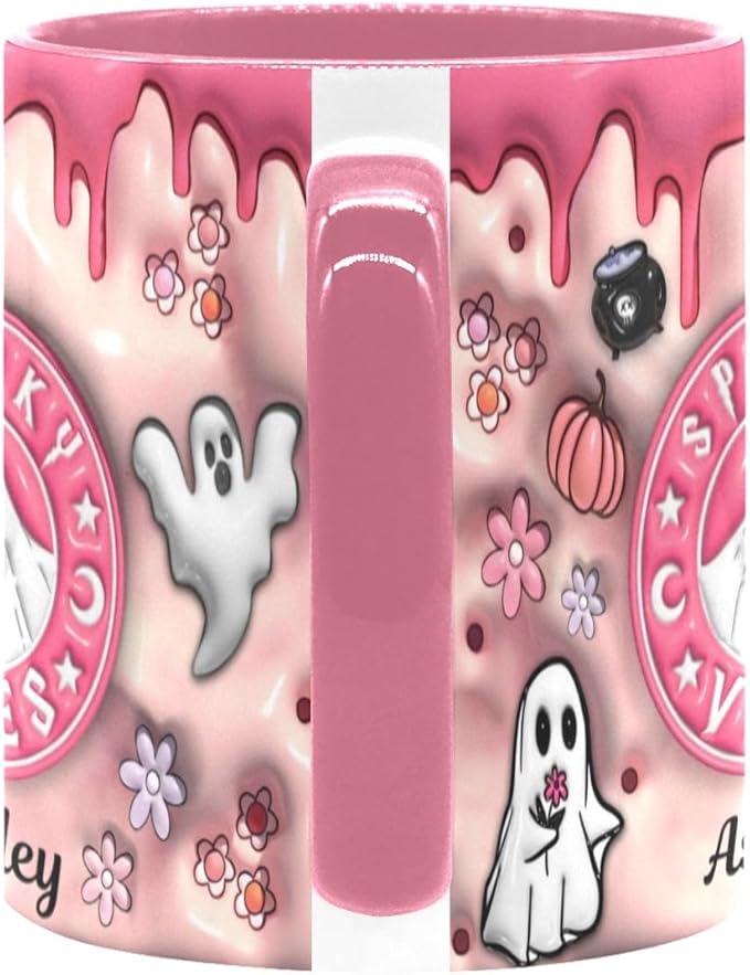 Personalized Halloween Coffee Mug with Names, Pumpkin Coffee Cup, Custom Ghost Ceramic Coffee Mug, Spooky Vibes Trick Or Treat Halloween Accent Mug, Spooky Season Gift for Women Her 11 Oz