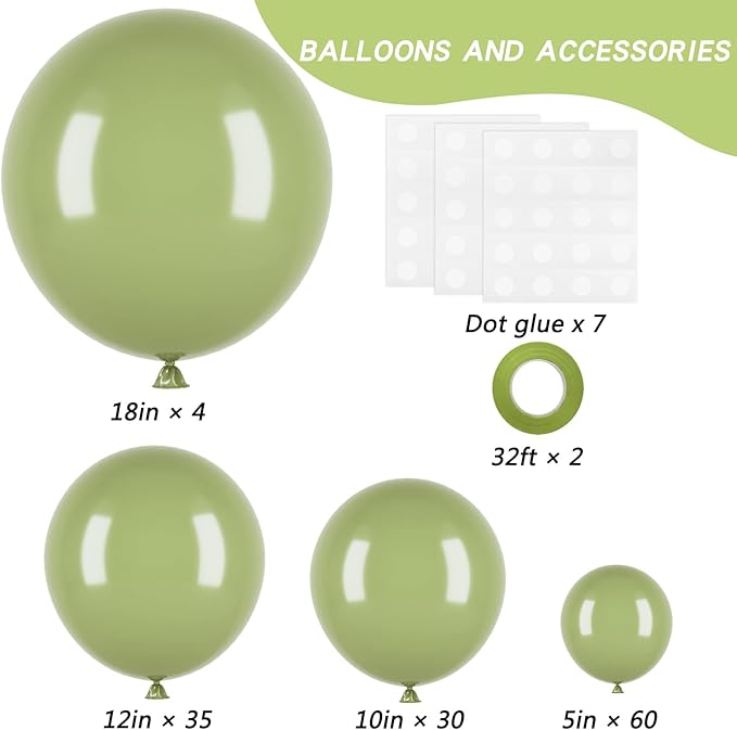 RUBFAC 129pcs Sage Green Balloons Different Sizes 18 12 10 5 Inch, Olive Green Latex Balloon Garland Arch Kit for Birthday Party Graduation Baby Shower Wedding Safari Jungle Balloon Decoration