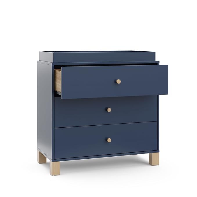 Storkcraft California 3-Drawer Chest with Removable Changing Topper (Midnight Blue with Driftwood) – GREENGUARD Gold Certified, Interlocking Drawer System, Pre-Installed Tracks, Easy Assembly