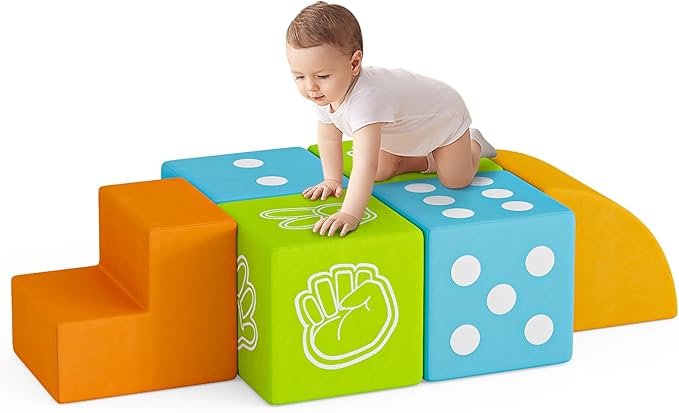 UMOMO 6 PCS Foam Climbing Blocks Multi Form Combination Transformation Gift for Children, Dice & Rock-Paper-Scissors Mode, Colorful Modular Climb Activity Play Set Toy for Toddlers Preschool Playroom