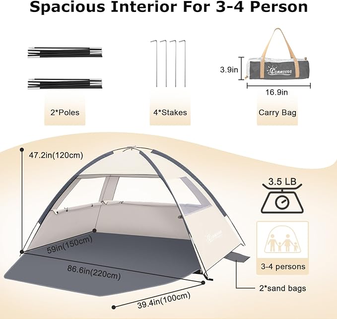 COMMOUDS Beach Tent Sun Shade for 3/4-5/6-7/8-10 Person, UPF 50+ Beach Sun Shelter Canopy Tent, Lightweight, Easy Set Up and Carry