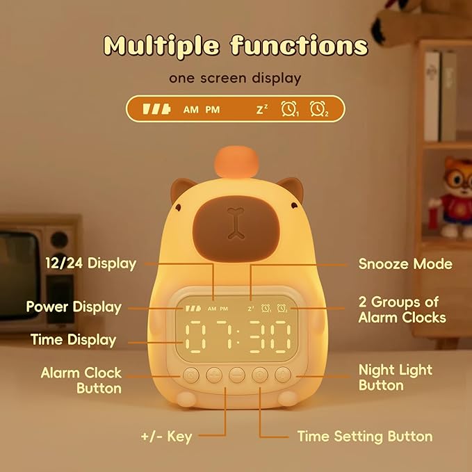 Capybara Alarm Clock with Night Light for Kids, 7 RGB Color Cute Alarm Clocks for Bedrooms Ok to Wake Clocks, Silicone Animal Tabletop Lamp for Teen Girls Boys