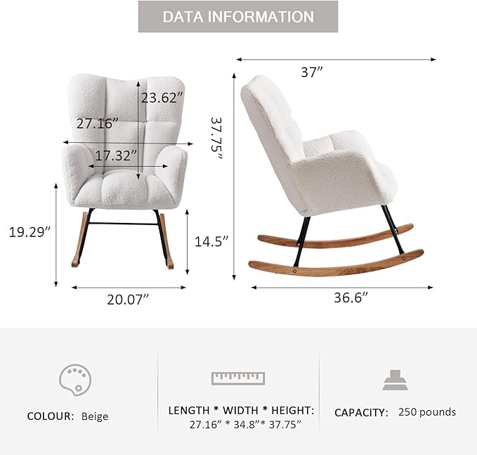 Nursery Rocking Chair, Teddy Upholstered Glider Rocker with High Backrest Armchair, Modern Rocking Accent Chairs for Nursery, Living Room, Bedroom, Offices (Ivory)