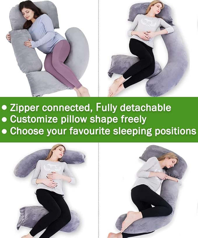 AS AWESLING 60in Full Body Pillow | Nursing, Maternity and Pregnancy Pillow | Extra Large U Shape Pillows with Detachable Side, Separate Support Pillow and Removable Cover (Velvet and Jersey Grey)
